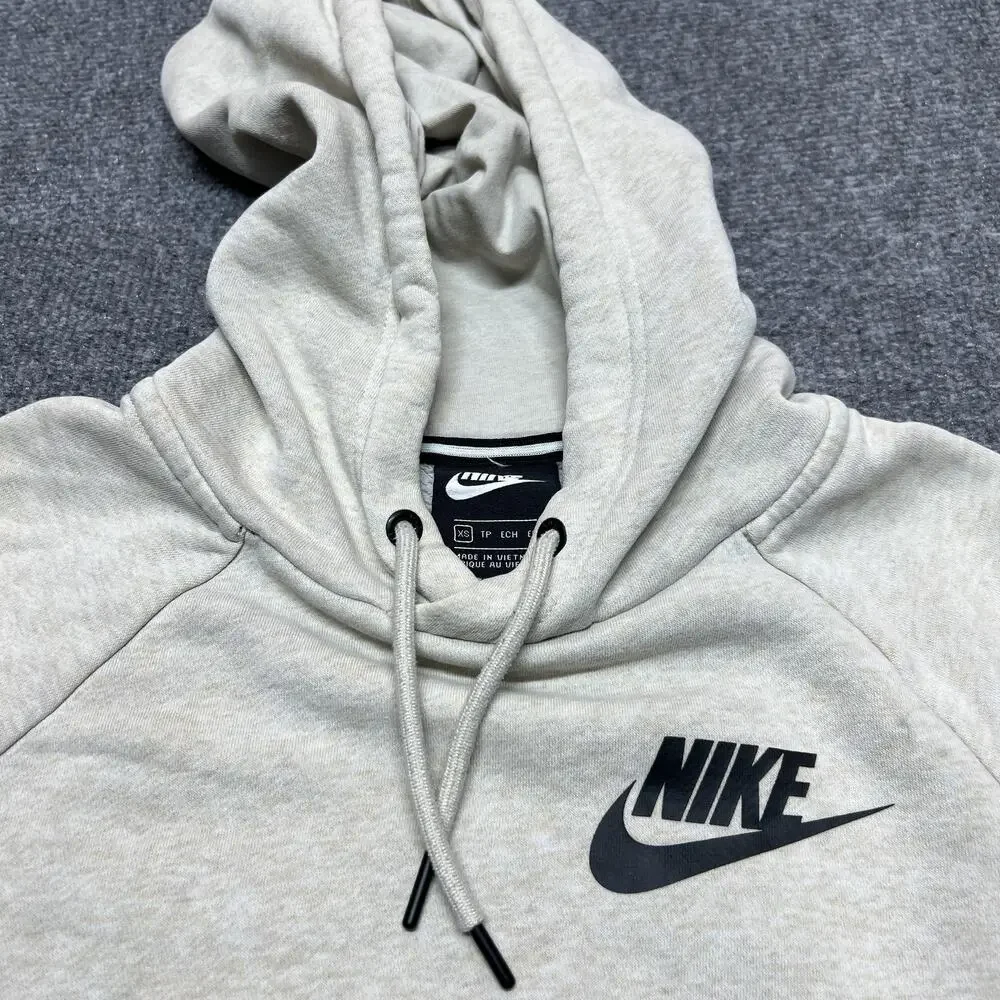Nike Hoodie Kids XS Beige Fleece Pullover Kangaroo Pocket Swoosh Logo Sweatshirt